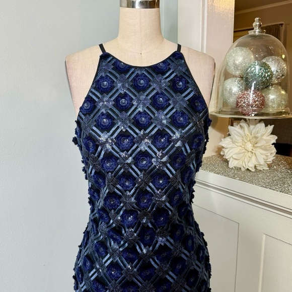 Badgley Mischka Navy Sequin Formal Gown Floor Length Dress Size 4 NWT - Picture 3 of 11